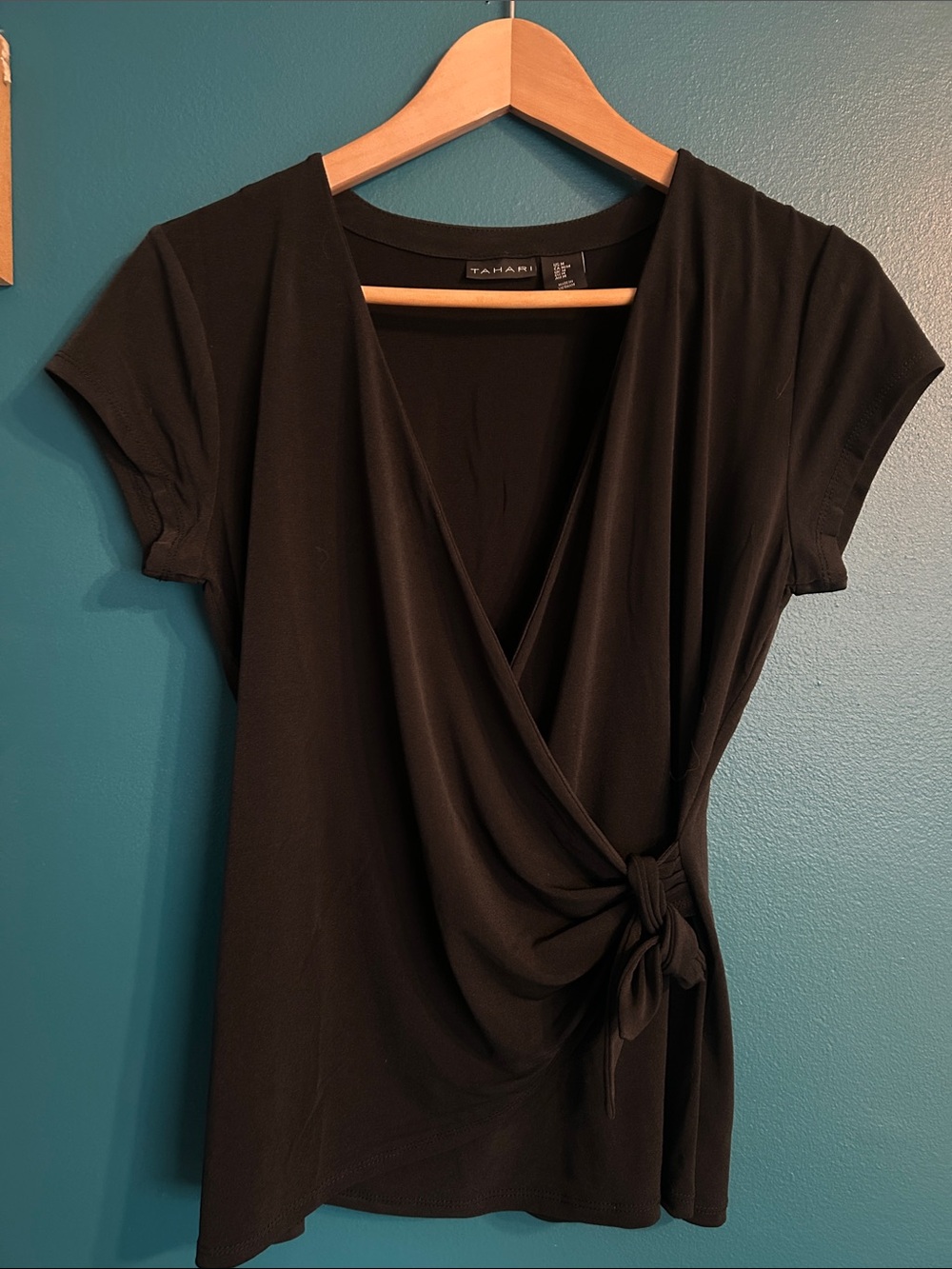 Tahari Black Short-Sleeve Side-Knot Wrap Top